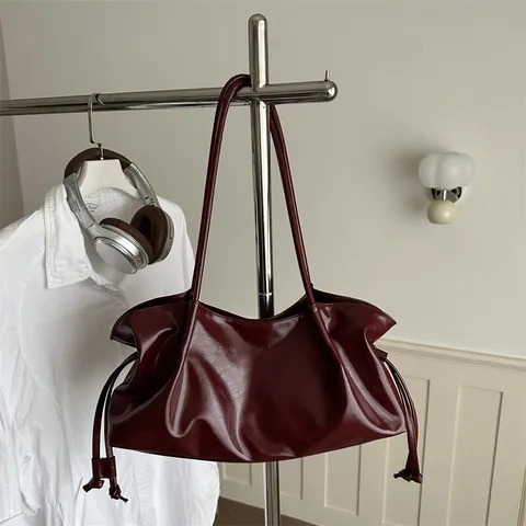 Women Vintage Faux Leather Shoulder Bag Large Capacity Baguette Bag Commuting Tote Bag With Drawstring Topstitching Detail Handbag