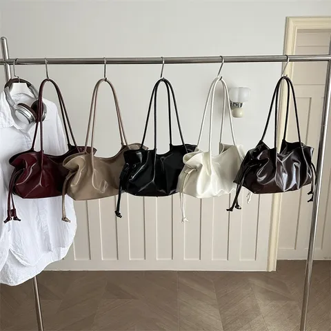 Women Vintage Faux Leather Shoulder Bag Large Capacity Baguette Bag Commuting Tote Bag With Drawstring Topstitching Detail Handbag