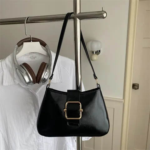 Borsa Sottoascella da Donna Vintage in PU Tinta Unita Fibbia Quadrata in Metallo Borsa a Spalla Moda Pendolare Elegante Classica
