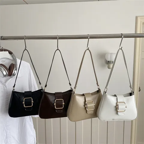 Borsa Sottoascella da Donna Vintage in PU Tinta Unita Fibbia Quadrata in Metallo Borsa a Spalla Moda Pendolare Elegante Classica