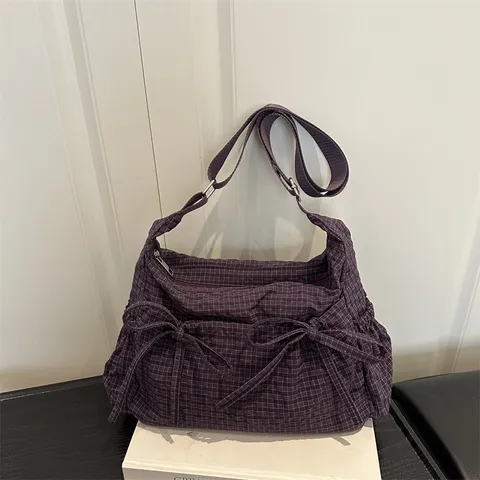 Korean Style Plaid Crossbody Bag Large Capacity Fabric Shoulder Bag With Bow Ribbon Casual Messenger Bag For Women