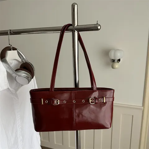 Fashion PU Leather Underarm Shoulder Bag For Women Solid Color Commuting Tote Bag With Belt Buckle Zipper Messenger Hobo Bag