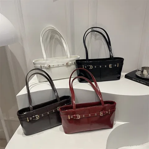 Fashion PU Leather Underarm Shoulder Bag For Women Solid Color Commuting Tote Bag With Belt Buckle Zipper Messenger Hobo Bag