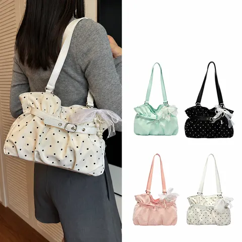 Korean Polka Dot Pleated Shoulder Bag For Women PU Leather Tote Bag Fashion Simple Commuting Crossbody Bag Pearl Bow Pendant