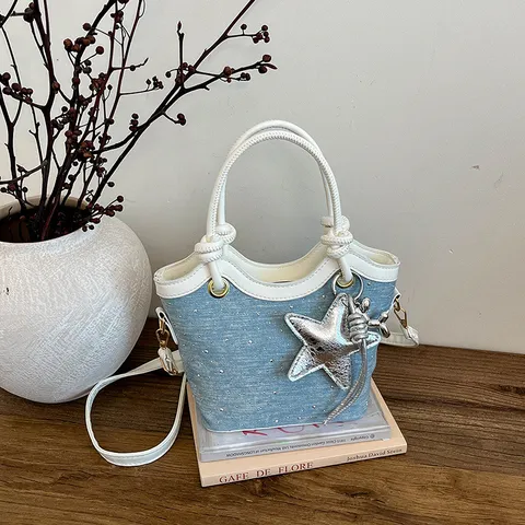 Women Denim Bucket Bag PU Leather Stitching Shoulder Bag With Star Pendant Casual Crossbody Handbag Commuter Chic Purses
