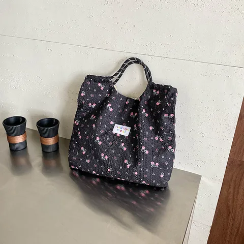 Women Cartoon Floral Seersucker Shoulder Tote Bag Large Capacity Casual Fabric Crossbody Handbag With Single Strap