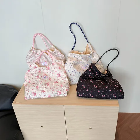 Women Cartoon Floral Seersucker Shoulder Tote Bag Large Capacity Casual Fabric Crossbody Handbag With Single Strap