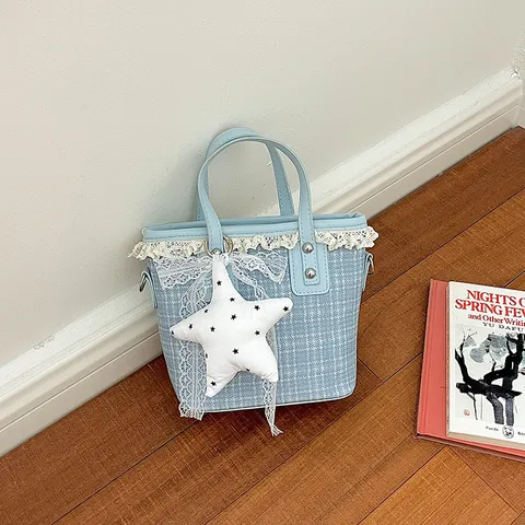 Women Plaid Bucket Bag With Lace Trim Star Pendant PU Fabric Shoulder Crossbody Bag Casual Tote Bag Elegant Handbag For Women