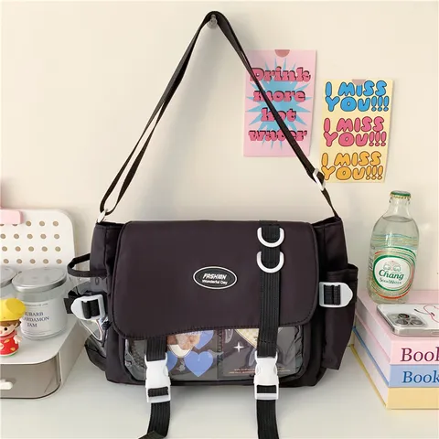Women Large Capacity Ita Bag Transparent Messenger Bag College Style Nylon Multi-Pocket Crossbody Shoulder Bag Student Schoolbag
