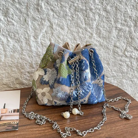 Women Vacation Flower Embroidery Sequin Bucket Bag Vintage Metal Chain Pearl Tassel Shoulder Bag Crossbody Handbag For Party Banquet