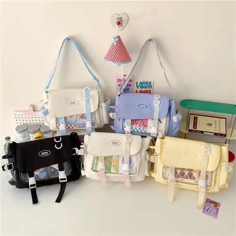 Women Large Capacity Ita Bag Transparent Messenger Bag College Style Nylon Multi-Pocket Crossbody Shoulder Bag Student Schoolbag