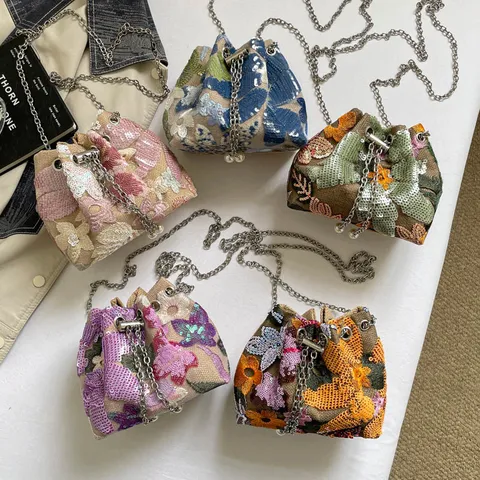 Women Vacation Flower Embroidery Sequin Bucket Bag Vintage Metal Chain Pearl Tassel Shoulder Bag Crossbody Handbag For Party Banquet