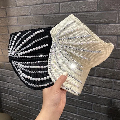 Sombrero de Visera de Sol Superior Abierto para Mujer Verano Al Aire Libre Transpirable Con Perlas Artificiales Strass Sombrero de Playa Casual