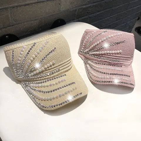 Sombrero de Visera de Sol Superior Abierto para Mujer Verano Al Aire Libre Transpirable Con Perlas Artificiales Strass Sombrero de Playa Casual