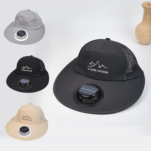 Unisex Outdoor Sun Protection Hat with Solar Charging Fan Breathable Mesh Hiking Fishing Cap Wide Brim Summer Hat