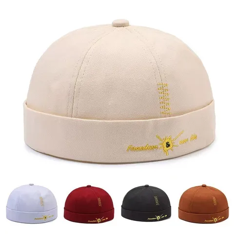 Unisex Baumwolle Docker Mütze Vintage Streetwear Rollrand Schädel Mütze Bestickter Buchstabe Lässiger Hut Für Männer Frauen