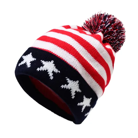 Vrouwen Winter Warm Verdikte Gebreide Muts Met Pompon Union Jack Sterren Strepen Casual Dagelijks
