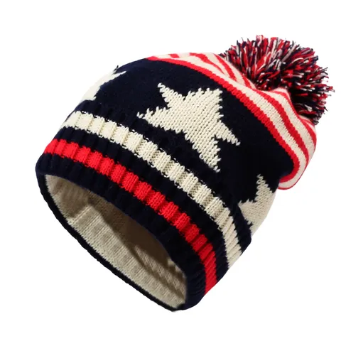 Vrouwen Winter Warm Verdikte Gebreide Muts Met Pompon Union Jack Sterren Strepen Casual Dagelijks