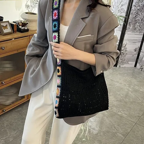 Bolso Tote de Ganchillo Tejido Casual para Mujer Bohemio Calado Bolso de Hombro Gran Capacidad Bolso de Playa