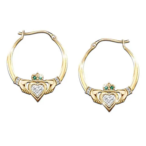Keltische Claddagh Creolen Für Damen Vergoldet Hände Halten Herz Mit Krone Grün Weiß Strass Ethnisch Schmuck