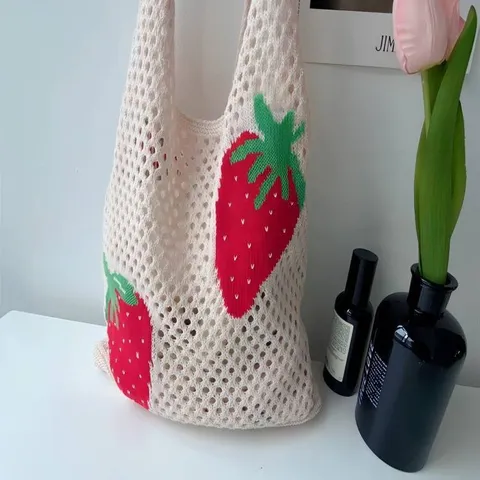 Womens Knitted Tote Bag Hollow Out Mesh Casual Shoulder Bag Strawberry Pattern Cute Aesthetic Knit Handbag Purse