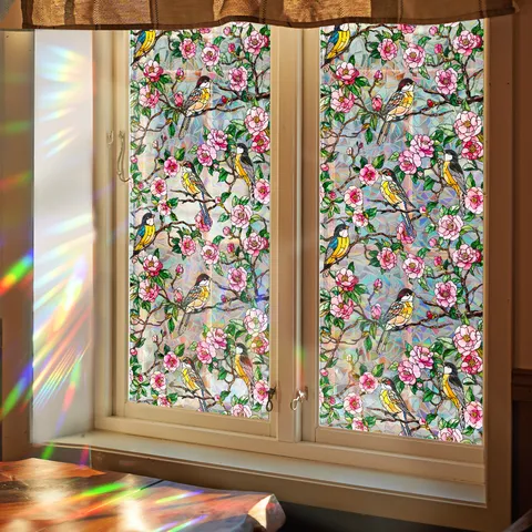 Rainbow Window Film Static Cling Privacy Frosted Glass Sticker Colorful Floral Bird Decorative Window Decal For Home Living Room