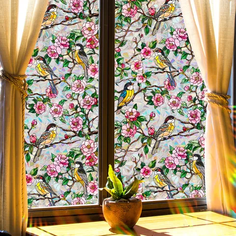 Rainbow Window Film Static Cling Privacy Frosted Glass Sticker Colorful Floral Bird Decorative Window Decal For Home Living Room