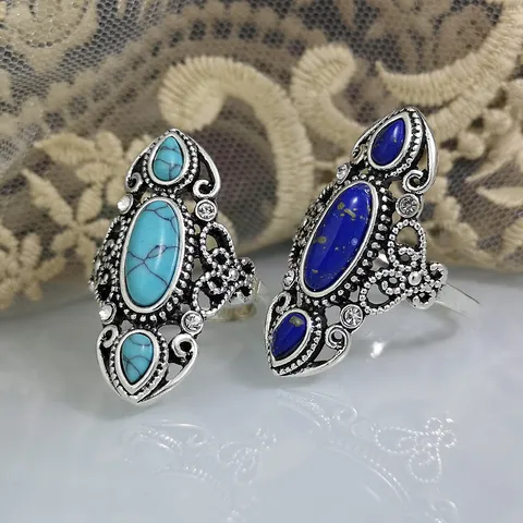Anello in Argento Antico Stile Vittoriano Vintage Turchese Lapislazzuli Bohemien Intagliato Cavo Strass Intarsiato Geometrico Anello da Dito Gioielli Regalo per Donna
