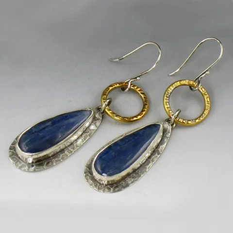 Handgefertigt Gehämmerte Retro Lapis Lazuli Hängeohrringe Galvanisiert Oxidiertes Silber Gold Lange Ohrringe Schmuck