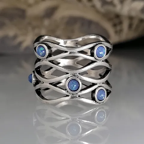 Vintage Thai Silver Plated Hollow Woven Ring Fashion Bohemian Artificial Blue Opal Ring For Women Men Scarf Clip Ring