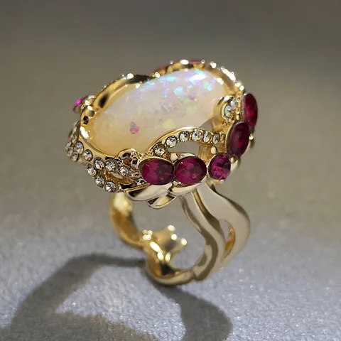 Anello in Lega Placcato Oro Esagerato Bohemien Con Opale Sintetico Ovale E Orecchini a Fiore Con Strass Colorati Per Gioielli Donna