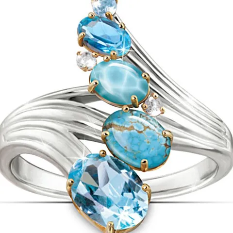 Anello in Strass a Forma di Onda in Metallo Vintage Elegante Anello a Fascia Galvanizzato con Pietre Blu per Regalo di Gioielli da Donna