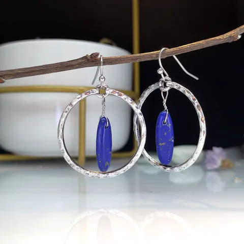 Böhmische Vintage Antik Silber Reifen Ohrringe Mit Ovalen Natürlichen Lapislazuli Stein Baumeln Ohrringe Für Frauen Modeschmuck