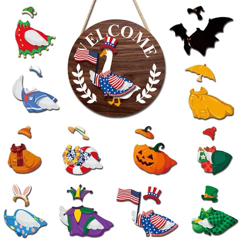 Interchangeable Goose Wooden Door Hanger Multi Festival Welcome Sign Seasonal Hanging Plaque Home Decor Gift