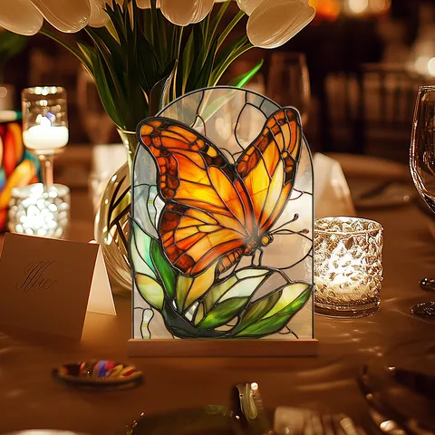 Butterfly Acrylic Tabletop Ornament Imitation Stained Glass Floral Desktop Decoration With Wooden Base For Home Office