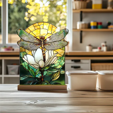 Acrylic Dragonfly Floral Desk Ornament Stained Glass Effect Tabletop Decor with Wooden Base Minimalist Home Decoration