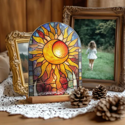Sun And Moon Acrylic Tabletop Ornament Stained Glass Style Decorative Desk Acrylic Art Piece With Wooden Base
