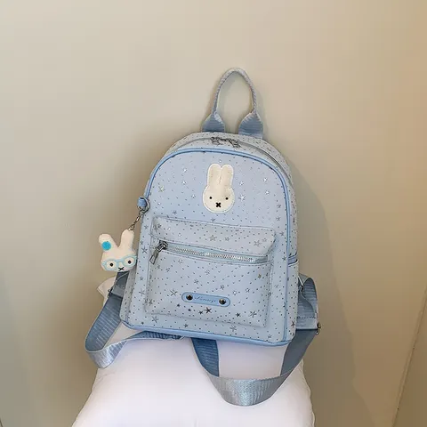 Fashion PU Leather Women Backpack Urban Minimalist Star Printed Casual Travel Daypack Cute Bunny Embroidered Backpack For Girls Everyday matching Bag