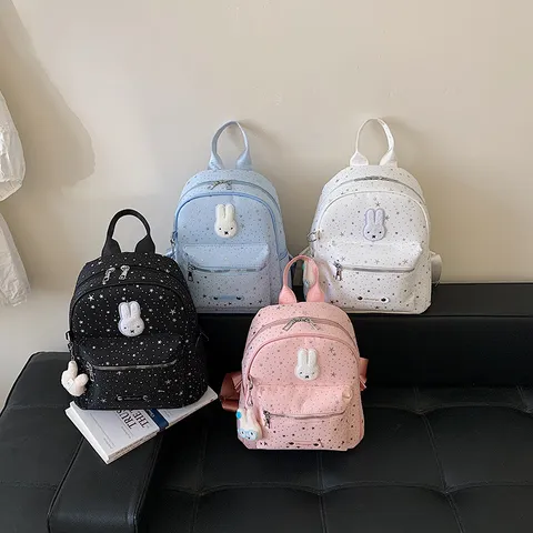 Fashion PU Leather Women Backpack Urban Minimalist Star Printed Casual Travel Daypack Cute Bunny Embroidered Backpack For Girls Everyday matching Bag