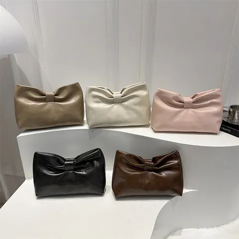 Women Trendy PU Leather Bowknot Clutch Bag Minimalist Solid Color Commuting Underarm Shoulder Bag Chic Cloud Crossbody Bag