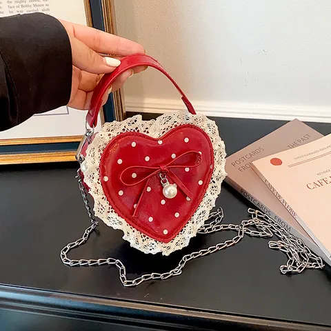Petit Sac à Main Mignon en Forme de Cœur pour Femmes Décor Dentelle Nœud Pois Sac Bandoulière Pendentif Perle Chaîne Métal