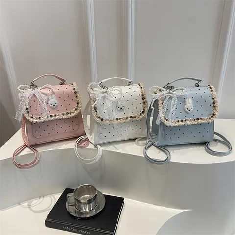 Polka Dot Bunny Backpack For Kids Girls Sweet PU Leather Small Daypack Lace Pearl Bow Applique Student School Bag