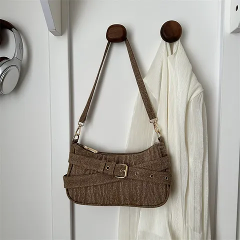 Vintage Niche Gürtelschnalle Onderarmtas Voor Dames Elegant Effen Kleur Denim PU Handtas Chique Schoudertas Dagelijks