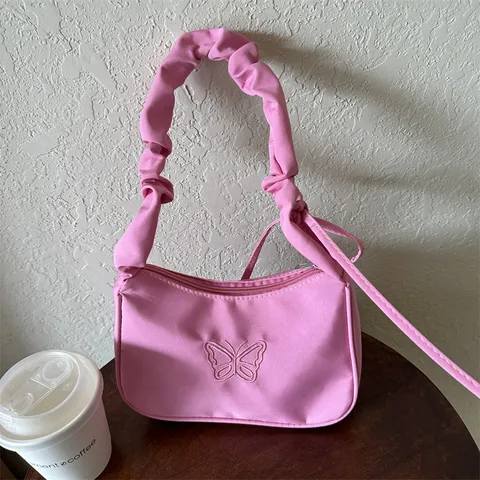 Borsa Sottobraccio da Donna con Ricamo a Farfalla Moda Tracolla Arricciata in Tessuto Oxford Piccola Borsa a Mano con Ciondolo