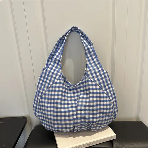Korean Retro Grid Tote Bag Large Capacity Fabric Shoulder Bag Checkered Shopping Bag Lightweight Vest Handbag For Women Casual Bag