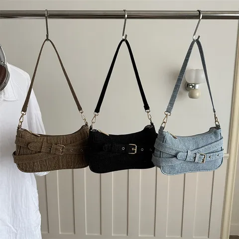 Vintage Niche Gürtelschnalle Onderarmtas Voor Dames Elegant Effen Kleur Denim PU Handtas Chique Schoudertas Dagelijks