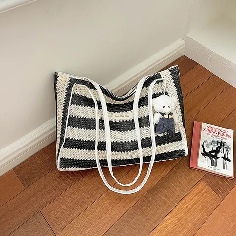 Sac Cabas Rayé en Paille Tissée pour Femmes Grande Capacité Sac à Épaule Tissé à la Main pour Vacances à la Plage Mode Décontractée