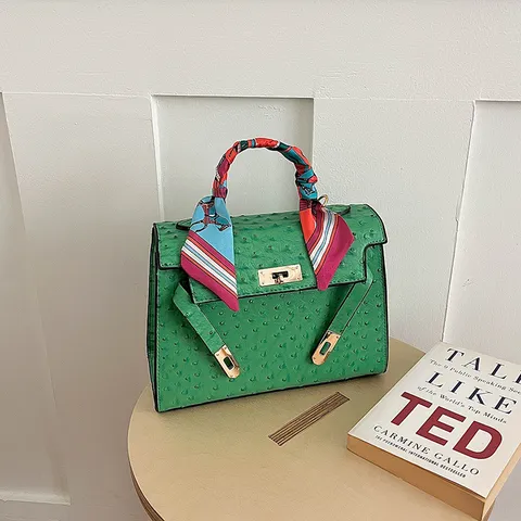 Women Ostrich Pattern Tote Bag PU Leather Kelly Bag Business Commuting Handbag With Silk Scarf Shoulder Crossbody Bag