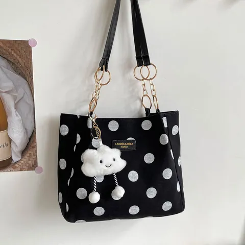 Women Large Capacity Polka Dot Tote Bag Fashion Canvas Shoulder Bag Casual Underarm Bag Korean Style With Cloud Pendant