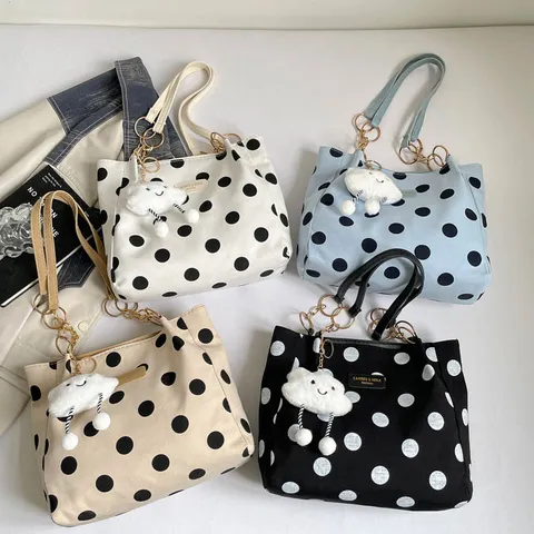 Women Large Capacity Polka Dot Tote Bag Fashion Canvas Shoulder Bag Casual Underarm Bag Korean Style With Cloud Pendant